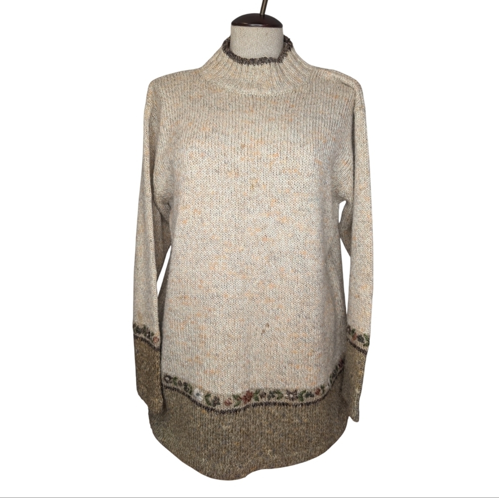 Vintage Inspired Knit Sweater Floral Hem Mock Neck Wool Blend G/L